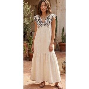 Elan Boho Embroidered Maxi Dress Ivory India Tiered Cotton White Small